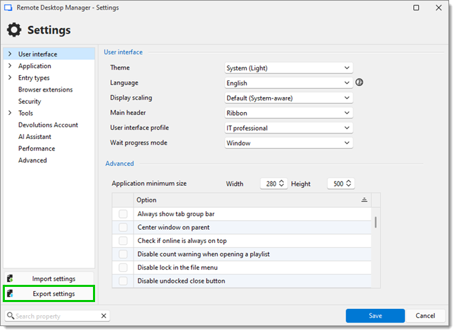 File – Settings – Export settings