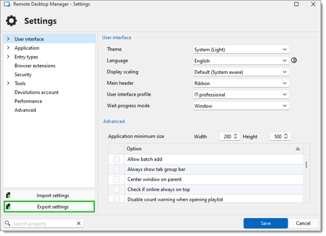 File – Settings – Export Settings