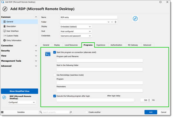 RDP entry programs properties