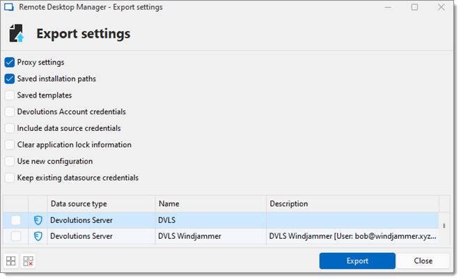 Configuration file export dialog