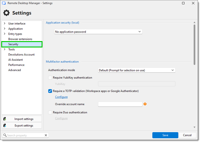 File – Settings – Security