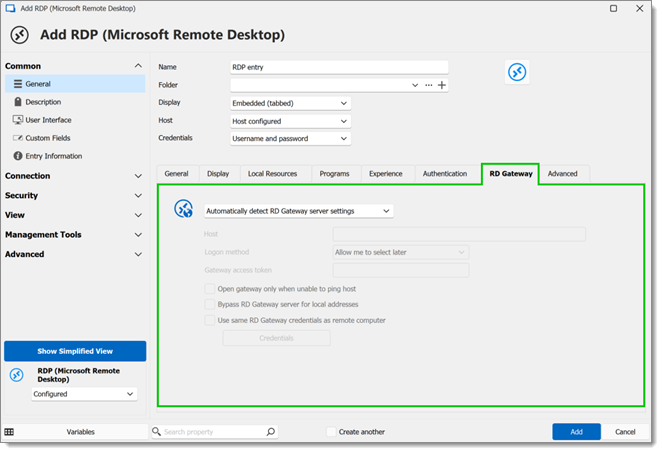 RDP entry RD Gateway properties