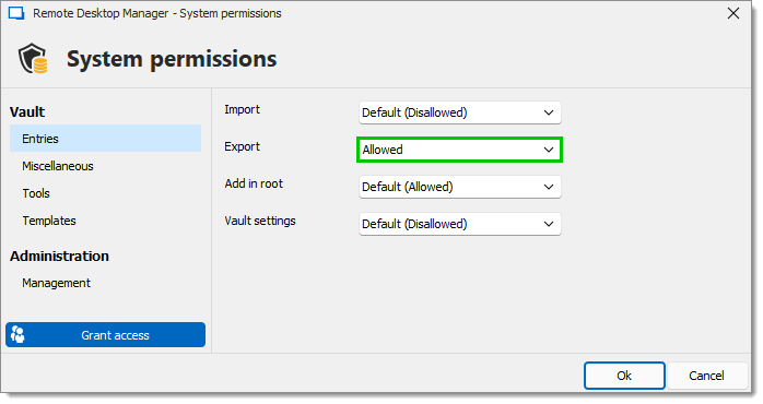 Administration - System Permissions - Entries - Export
