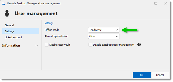 Administration - Users - Edit user - Settings - Offline mode