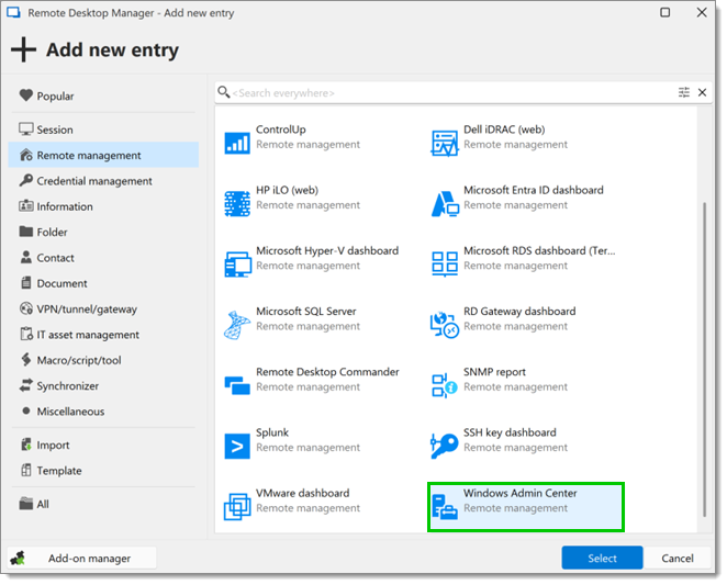 Select Windows Admin Center
