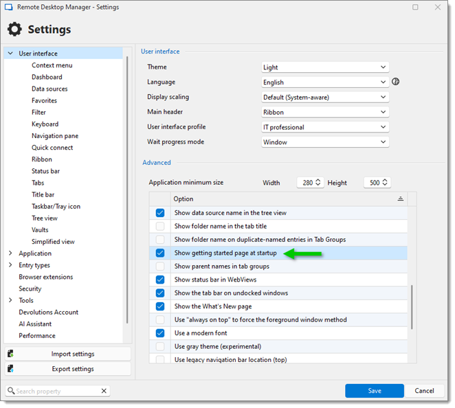 Disable getting started page at start-up