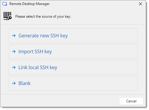 Generate new SSH key, Import SSH key or Link Local SSH key