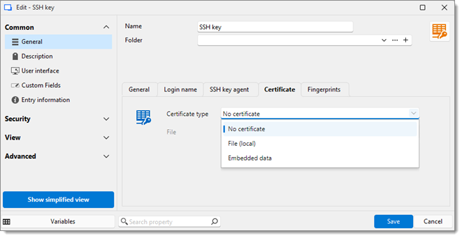 Certificate tab