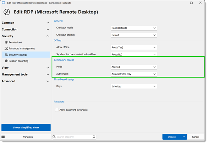 Properties - Security settings - Temporary access settings