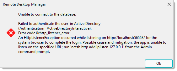 Unable to connect to the database error