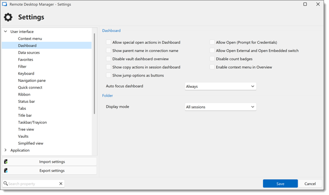 File – Settings – User interface - Dashboard