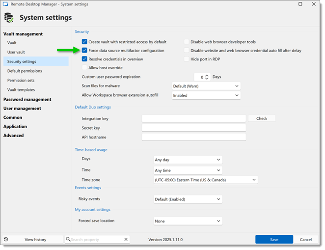 Force data source multifactor configuration