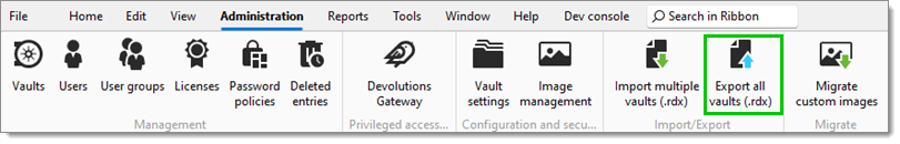 Administration – Export All vaults (.rdx)