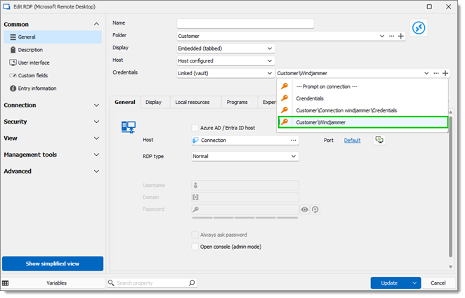 Select the credential entry from the credentials drop-down menu