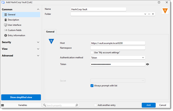HashiCorp Vault entry settings