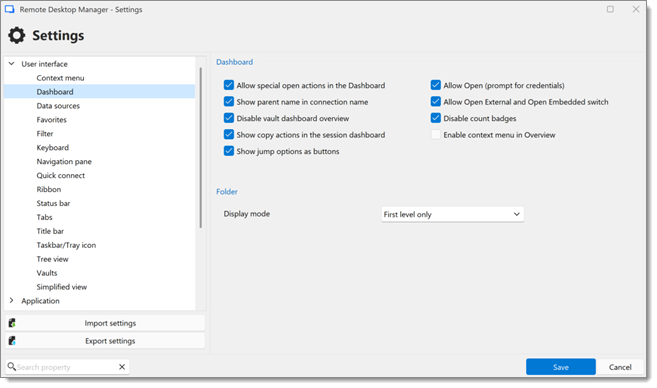 File – Settings – User interface - Dashboard