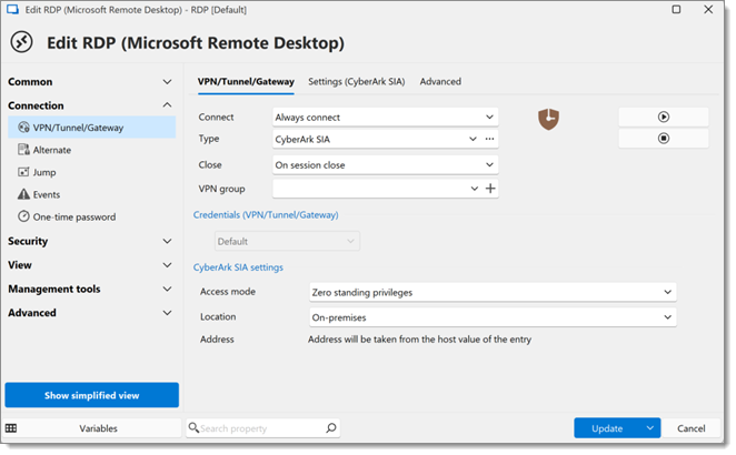 Sélectionnez CyberArk dans la configuration de votre entrée RDP