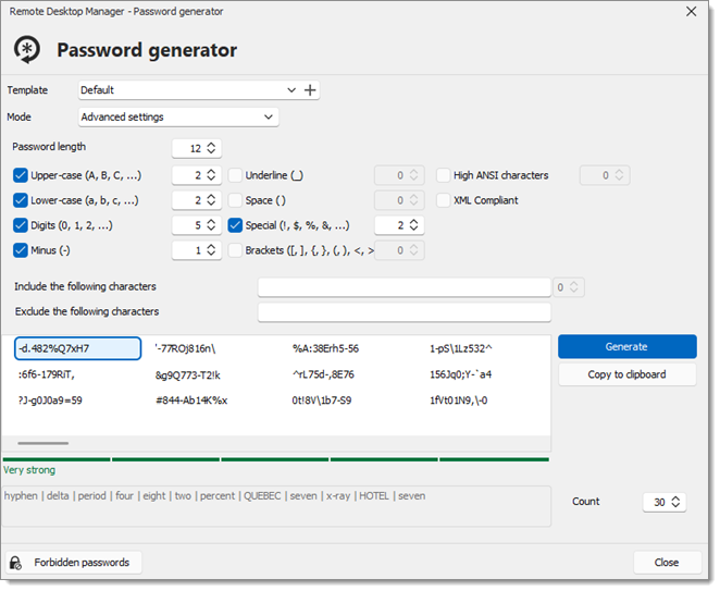 Password generator – Advanced settings