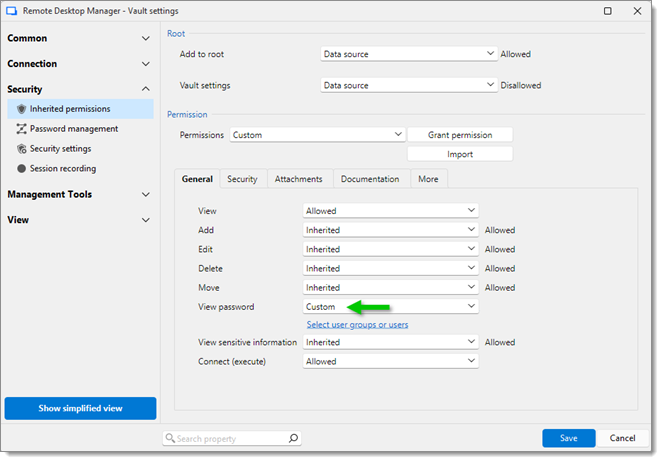 Go to Administration - Vault settings – Inherited permissions - View password