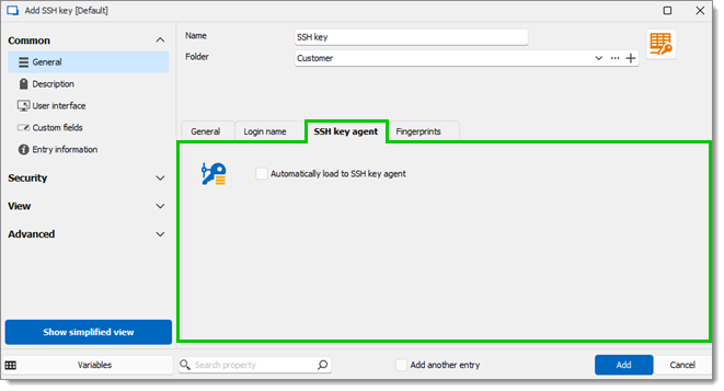 SSH key agent tab