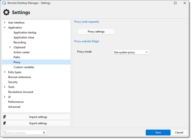 File – Settings – Application – Proxy – Proxy settings