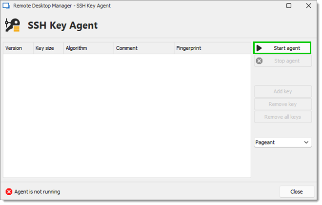 SSH Key Agent tab – Start Agent