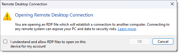 Opening Remote Desktop Connection first-launch dialog