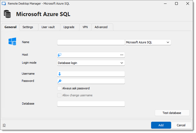 Microsoft Azure SQL - General tab