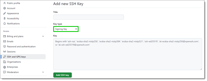 Signing key needs to be selected as the key type