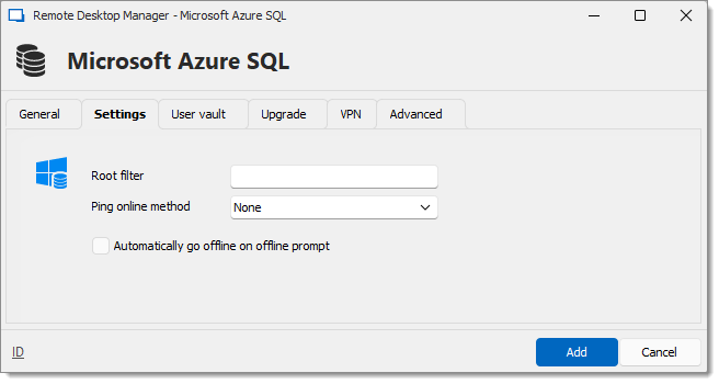 Microsoft Azure SQL - Settings Tab