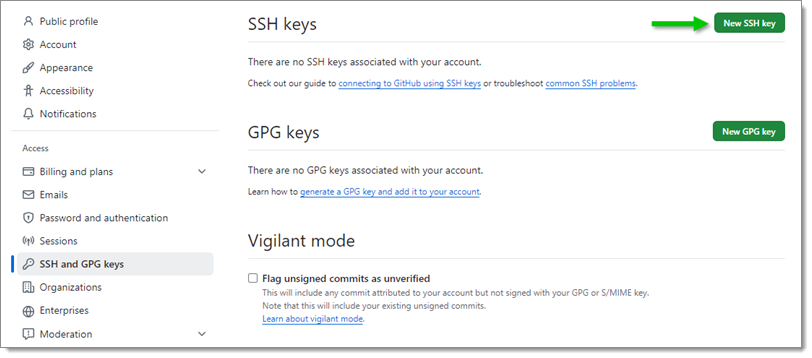 Settings - SSH and GPG keys - New SSH key