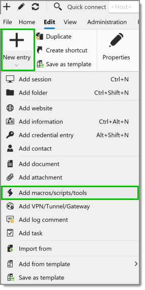 Edit - New entry - Add macros/scripts/tools