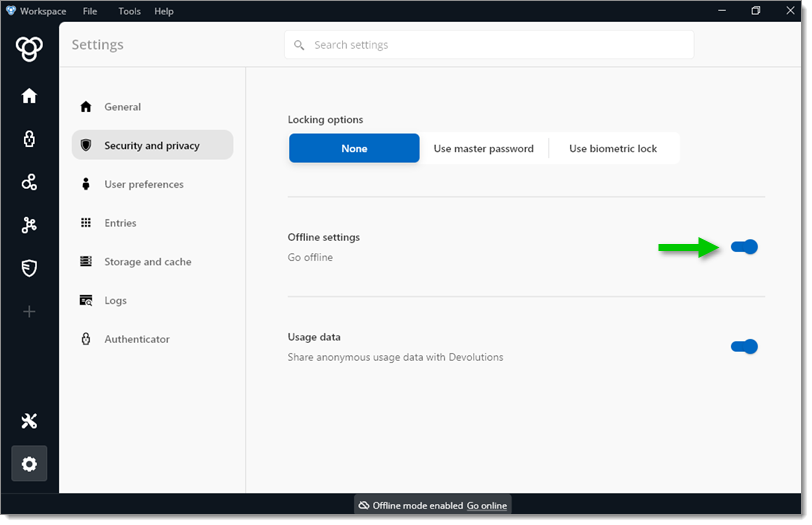 Security and privacy - Go offline