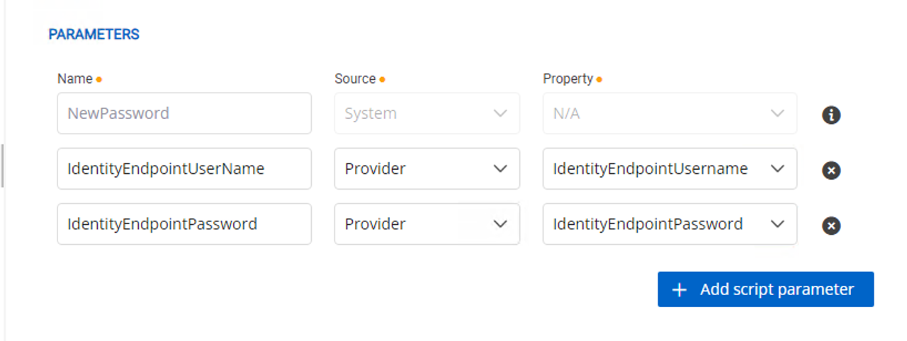 Password rotation parameters with the required NewPassword parameter (only for password rotation)