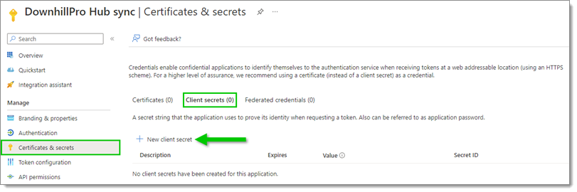Certificates & secrets – Client secrets – New client secret