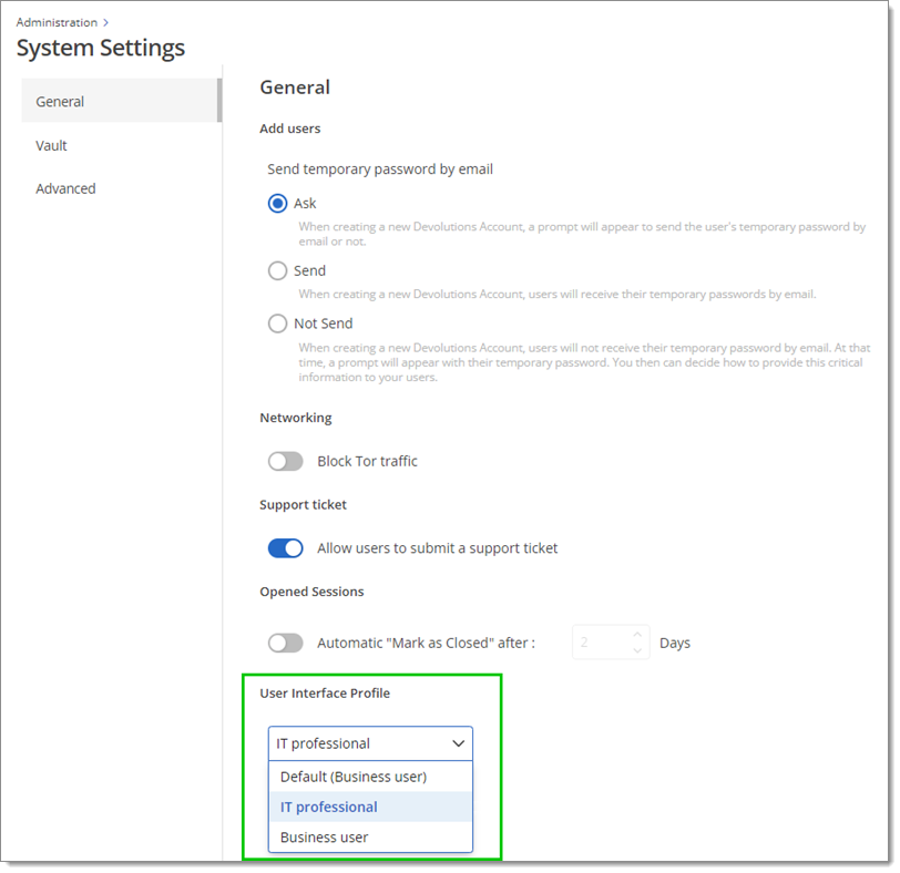 Administration – System settings – General – User interface profile