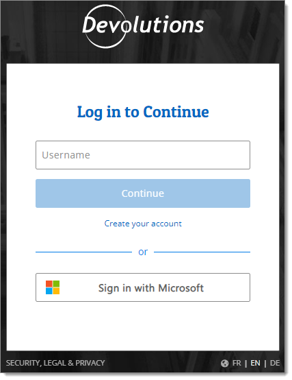 Sign in with your Devolutions account or with Microsoft