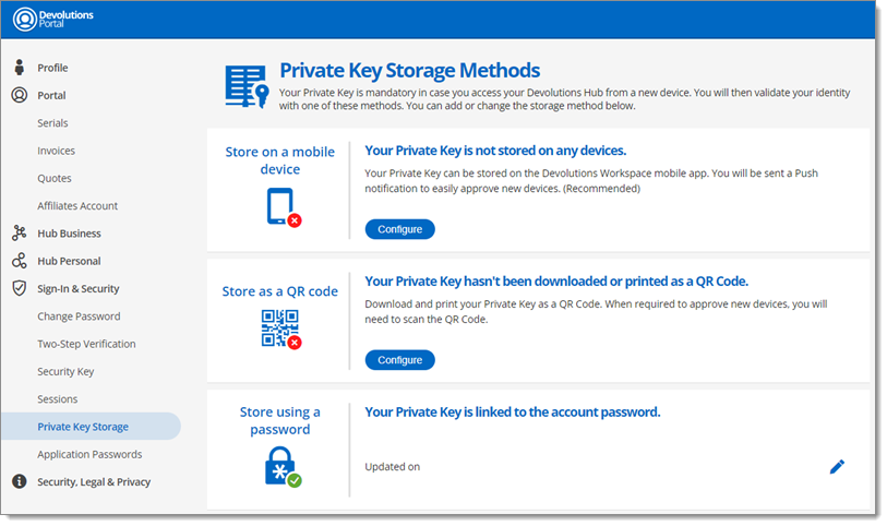 Méthodes de stockage de la clé privée – Méthode par mot de passe configurée