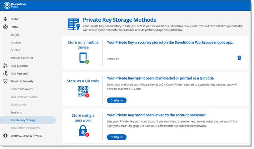 Private Key Storage Methods – Mobile Device Method Configured