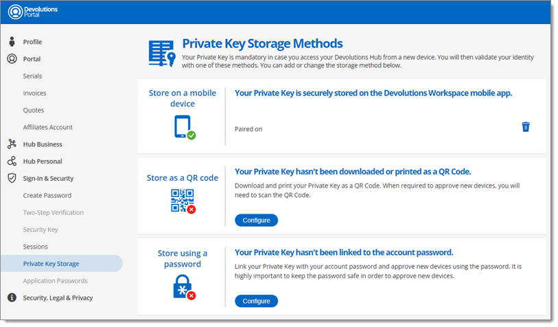 Méthodes de stockage de la clé privée – Méthode par appareil mobile configurée