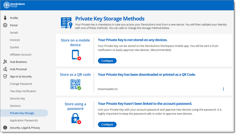 Méthodes de stockage de la clé privée – Méthode par code QR configurée