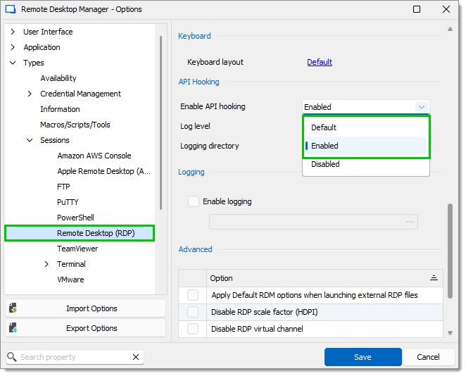 Fichier – Paramètres – Types – Sessions – Bureau à distance (RDP) – Activer l'Accrochage d'API