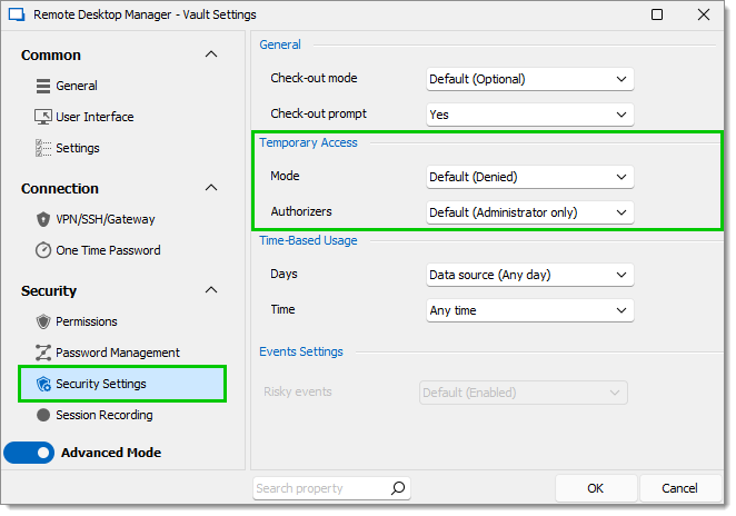 Administration – Vault Settings – Security Settings – Temporary Access