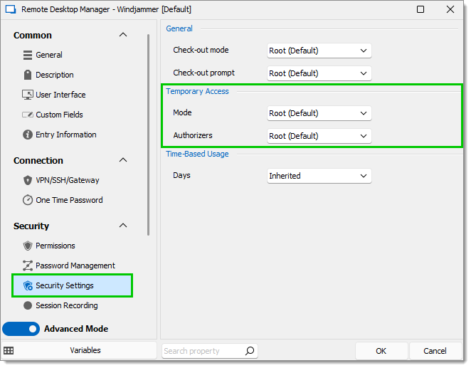 Properties – Security Settings – Temporary Access