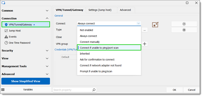 Connexion – VPN/SSH/Gateway – Général – Connecter