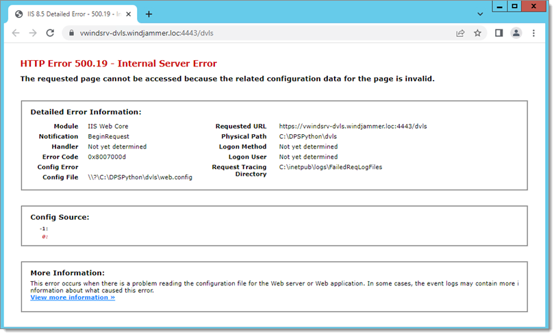 Erreur HTTP 500.19 - Erreur interne du serveur
