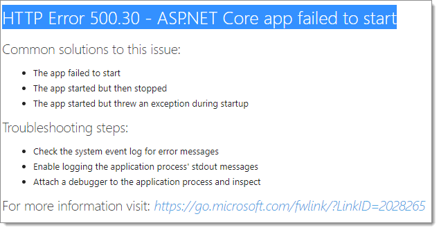 Erreur HTTP 500.30 - Échec du démarrage de l'application ASP.NET Core