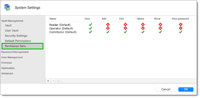 Administration – System settings – Vault management – Permission sets