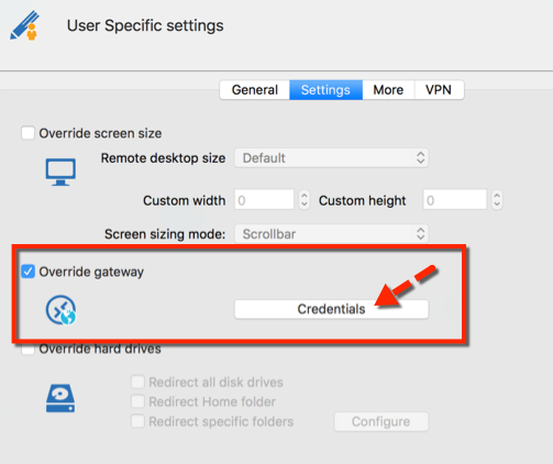User Specific settings – Override gateway