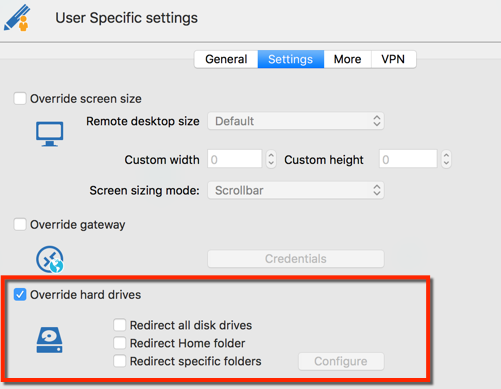 User Specific settings – Override hard drives